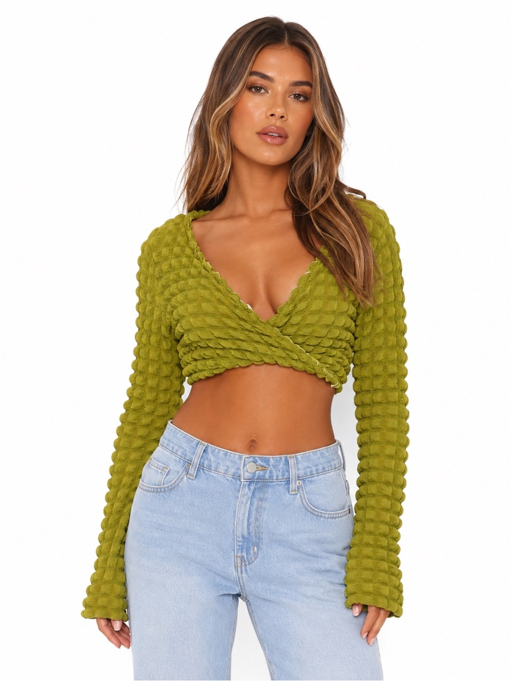 PrettyLittleThing Green Textured Wrap Crop Top Size 10